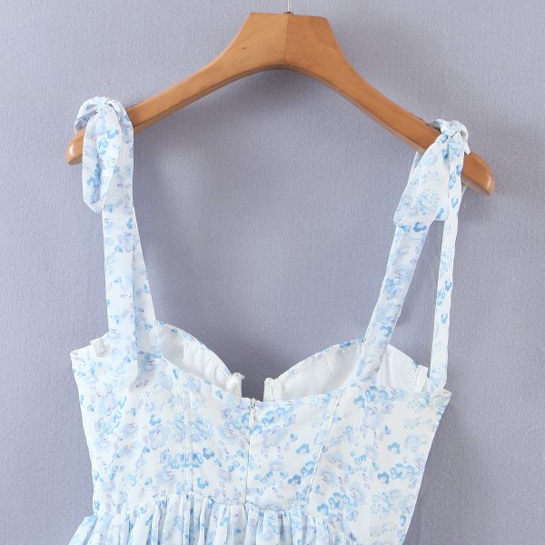 Blue Floral Bustier Tie Up Frill Mini Dress Blue Floral Bustier Tie Up Frill Mini Dress