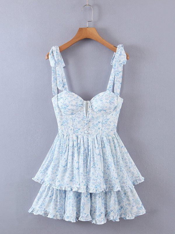 Blue Floral Bustier Tie Up Frill Mini Dress Blue Floral Bustier Tie Up Frill Mini Dress