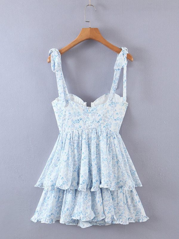 Blue Floral Bustier Tie Up Frill Mini Dress Blue Floral Bustier Tie Up Frill Mini Dress