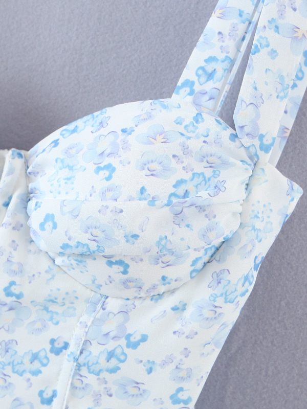 Blue Floral Bustier Tie Up Frill Mini Dress Blue Floral Bustier Tie Up Frill Mini Dress