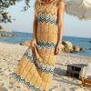 Boho Striped Semi Sheer Crochet Knit Beach Vacation Midi Sundress - Orange