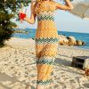Boho Striped Semi Sheer Crochet Knit Beach Vacation Midi Sundress - Orange