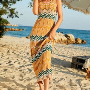 Boho Striped Semi Sheer Crochet Knit Beach Vacation Midi Sundress - Orange