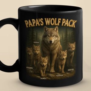 Bonded Like A Wolf Pack - Family Personalized Custom Black Mug - Father's Day, Gift For Dad, Grandpa
