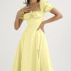Breezy Off Shoulder Tie Front Puff Sleeve High Slit Midi Sundress - Yellow Breezy Off Shoulder Tie Front Puff Sleeve High Slit Midi Sundress - Yellow