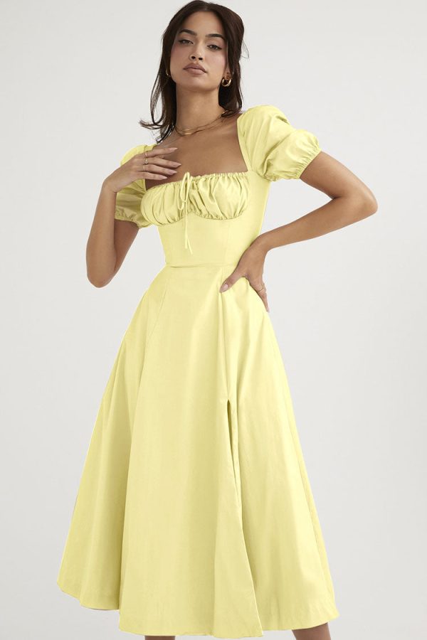 Breezy Off Shoulder Tie Front Puff Sleeve High Slit Midi Sundress - Yellow Breezy Off Shoulder Tie Front Puff Sleeve High Slit Midi Sundress - Yellow