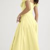 Breezy Off Shoulder Tie Front Puff Sleeve High Slit Midi Sundress - Yellow Breezy Off Shoulder Tie Front Puff Sleeve High Slit Midi Sundress - Yellow