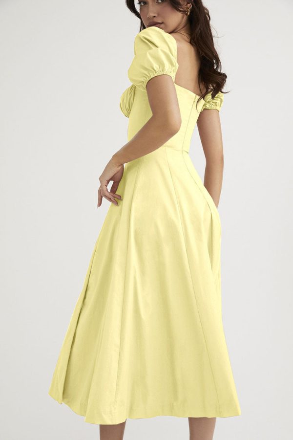 Breezy Off Shoulder Tie Front Puff Sleeve High Slit Midi Sundress - Yellow Breezy Off Shoulder Tie Front Puff Sleeve High Slit Midi Sundress - Yellow