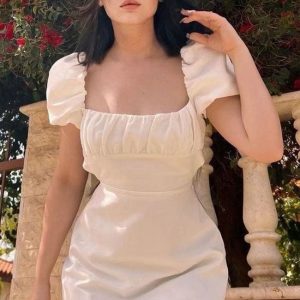 Breezy Ruched Square Neck Puff Sleeve Lace Up Back Party Mini Dress - White