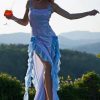 Breezy Ruffle High Split Rosette Trim Sheer Sequin Evening Maxi Dress - Sky Blue Breezy Ruffle High Split Rosette Trim Sheer Sequin Evening Maxi Dress - Sky Blue