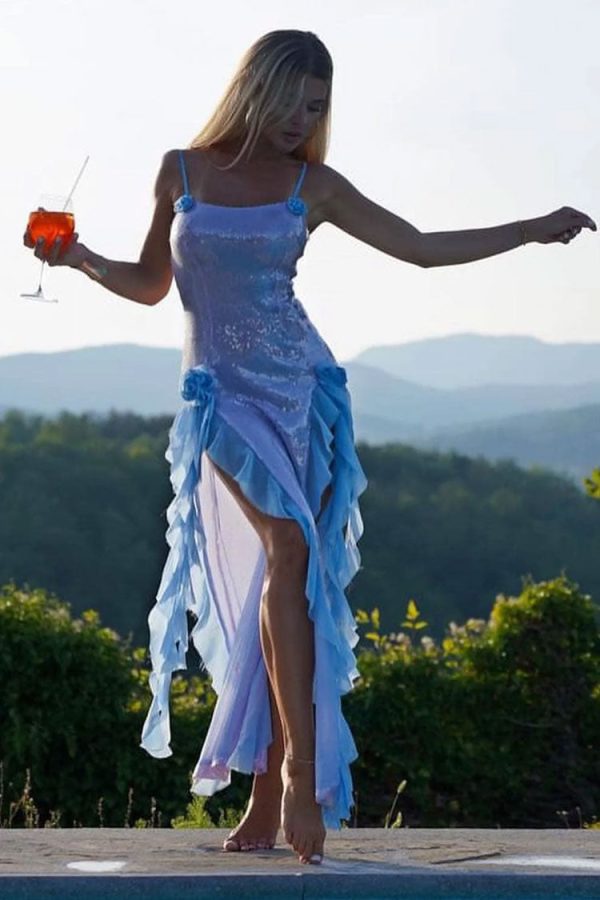Breezy Ruffle High Split Rosette Trim Sheer Sequin Evening Maxi Dress - Sky Blue Breezy Ruffle High Split Rosette Trim Sheer Sequin Evening Maxi Dress - Sky Blue