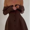 Brown Off Shoulder Long Sleeve Button Mini Dress Brown Off Shoulder Long Sleeve Button Mini Dress