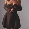 Brown Off Shoulder Long Sleeve Button Mini Dress Brown Off Shoulder Long Sleeve Button Mini Dress