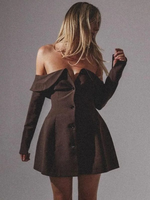 Brown Off Shoulder Long Sleeve Button Mini Dress Brown Off Shoulder Long Sleeve Button Mini Dress