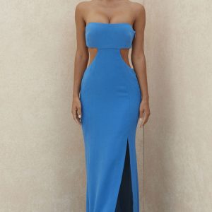Charming Strapless Cut Out High Slit Maxi Prom Formal Dress - Blue