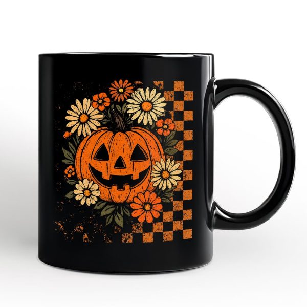 Checkered Floral Pumpkin Personalized Mug, Retro Preppy Halloween Gift with Custom Name for Spooky Season Vibes Checkered Floral Pumpkin Personalized Mug, Retro Preppy Halloween Gift with Custom Name for Spooky Season Vibes