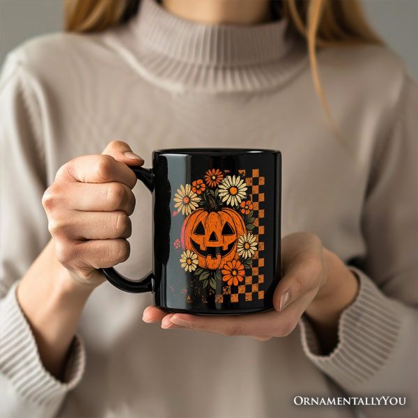 Checkered Floral Pumpkin Personalized Mug, Retro Preppy Halloween Gift with Custom Name for Spooky Season Vibes Checkered Floral Pumpkin Personalized Mug, Retro Preppy Halloween Gift with Custom Name for Spooky Season Vibes
