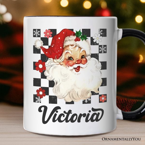 Checkered Santa Claus Vintage Personalized Mug, Retro Merry Christmas Gift with Custom Name Checkered Santa Claus Vintage Personalized Mug, Retro Merry Christmas Gift with Custom Name
