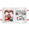 Christmas Cat Mom Sitting On Bed Life Is Better With Cats Personalized Mug