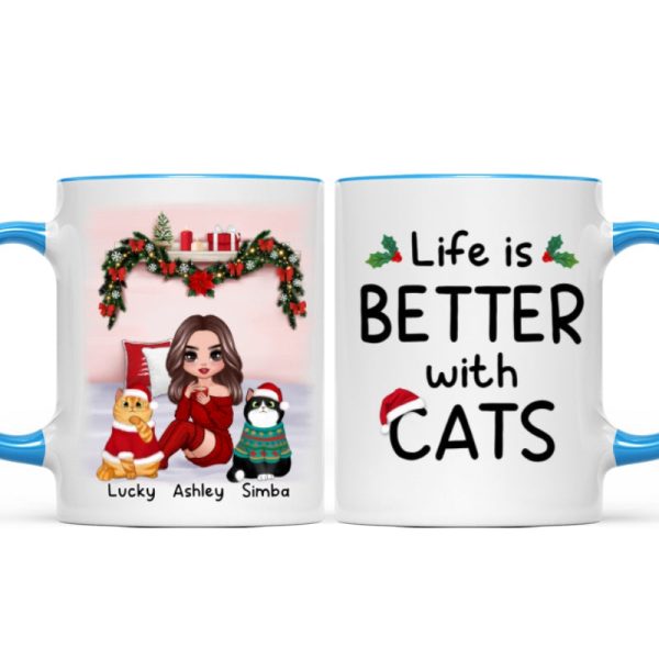 Christmas Cat Mom Sitting On Bed Life Is Better With Cats Personalized Mug
