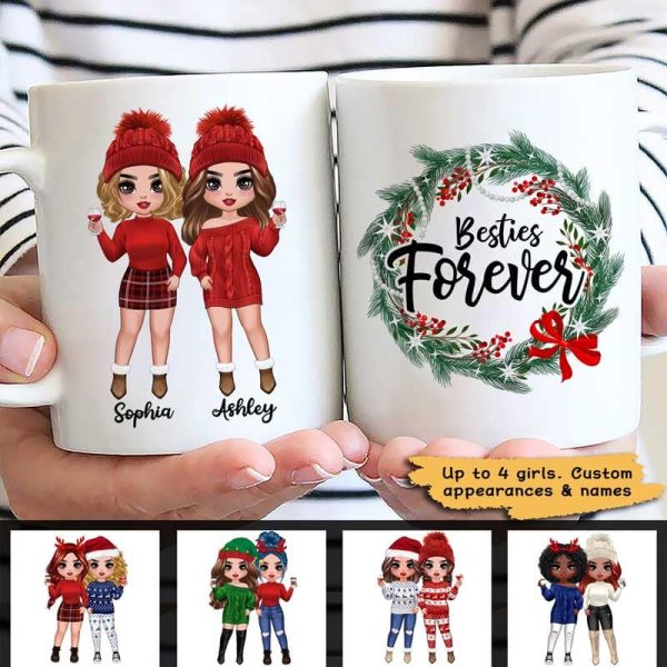 Christmas Wreath Doll Besties Standing Personalized Mug Christmas Wreath Doll Besties Standing Personalized Mug