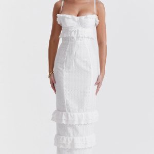 Classy Ruffle Sweetheart Broderie Anglaise Fitted Layered Maxi Sundress - White
