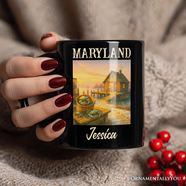 Coastal Maryland State Crabbing Personalized Mug, Chesapeake Bay Fishing Heritage Gift and Travel Souvenir with Custom Name