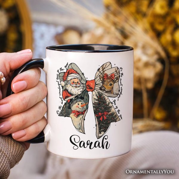 Coquette Christmas Bow Personalized Mug, It's Most Wonderful Time Of The Year Vintage Gift with Custom Name Coquette Christmas Bow Personalized Mug, It's Most Wonderful Time Of The Year Vintage Gift with Custom Name