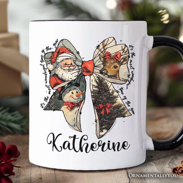 Coquette Christmas Bow Personalized Mug, It's Most Wonderful Time Of The Year Vintage Gift with Custom Name Coquette Christmas Bow Personalized Mug, It's Most Wonderful Time Of The Year Vintage Gift with Custom Name