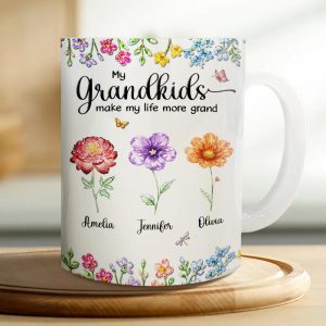 Crystal Effect Birth Flower Grandkids Make Life More Grand - Personalized White Edge-to-Edge Mug