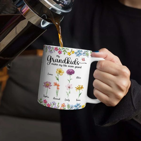 Crystal Effect Birth Flower Grandkids Make Life More Grand - Personalized White Edge-to-Edge Mug