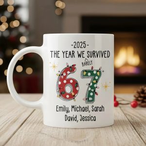 Custom 67 Ceramic Mug with Festive Dotted Numbers, Personalized Year We Survived Joke for Office Friends, Fun & Cute Gift