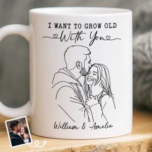Custom Photo Mug - Personalized Anniversary Wedding Gifts For Husband And Wife, Him And Her - Growing Old Side By Side