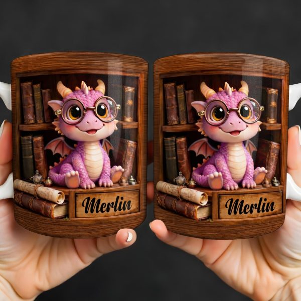 Cute Baby Dragon With Glasses, Books And Scrolls Wooden Bookshelf - Personalized Custom Coffee Mug - BLV093_MG