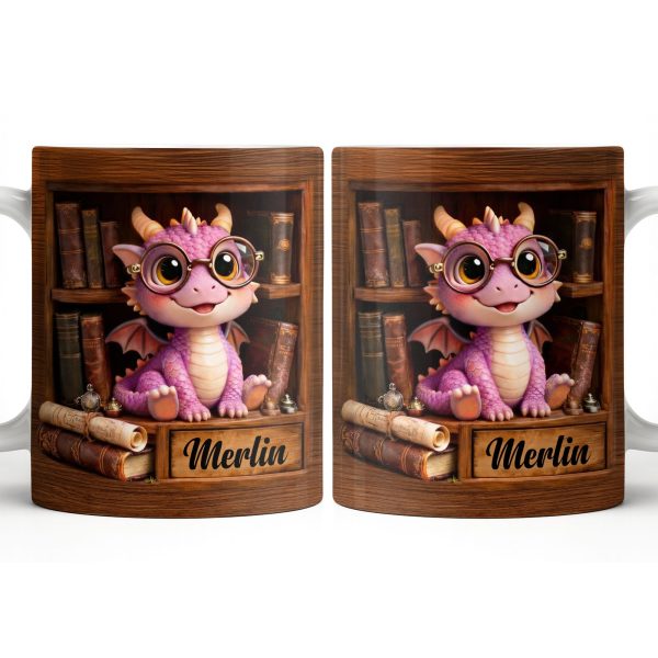 Cute Baby Dragon With Glasses, Books And Scrolls Wooden Bookshelf - Personalized Custom Coffee Mug - BLV093_MG