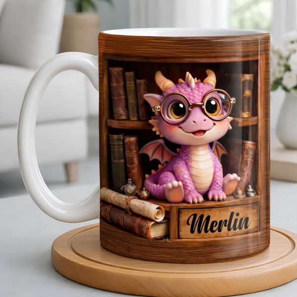Cute Baby Dragon With Glasses, Books And Scrolls Wooden Bookshelf - Personalized Custom Coffee Mug - BLV093_MG
