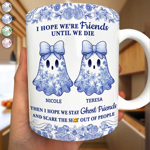 Cute Ghost Bestie Friends Until We Die Toile De Jouy Pattern - Personalized White Edge-to-Edge Mug Cute Ghost Bestie Friends Until We Die Toile De Jouy Pattern - Personalized White Edge-to-Edge Mug