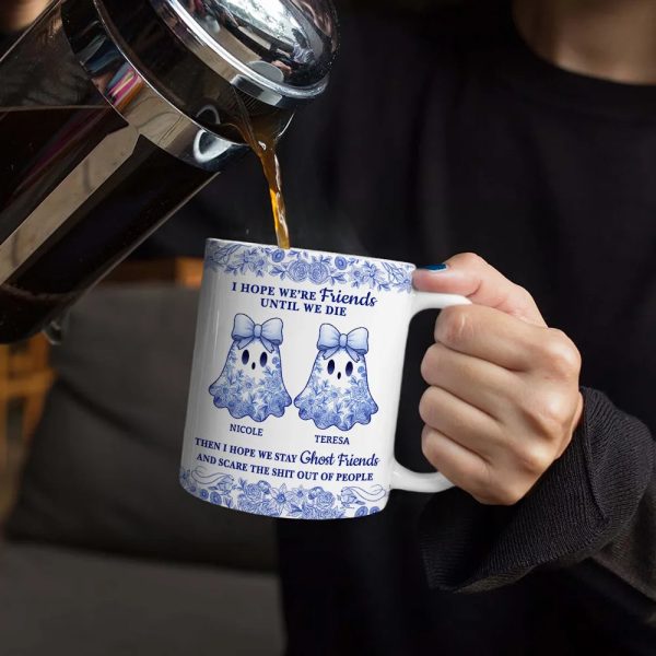 Cute Ghost Bestie Friends Until We Die Toile De Jouy Pattern - Personalized White Edge-to-Edge Mug Cute Ghost Bestie Friends Until We Die Toile De Jouy Pattern - Personalized White Edge-to-Edge Mug