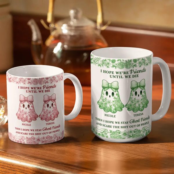 Cute Ghost Bestie Friends Until We Die Toile De Jouy Pattern - Personalized White Edge-to-Edge Mug Cute Ghost Bestie Friends Until We Die Toile De Jouy Pattern - Personalized White Edge-to-Edge Mug