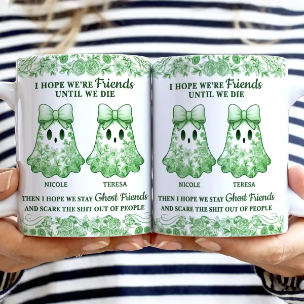 Cute Ghost Bestie Friends Until We Die Toile De Jouy Pattern - Personalized White Edge-to-Edge Mug Cute Ghost Bestie Friends Until We Die Toile De Jouy Pattern - Personalized White Edge-to-Edge Mug