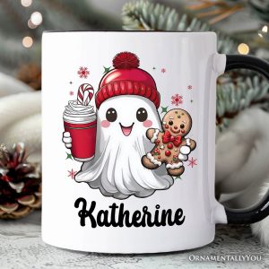 Cute Ghost Christmas Personalized Mug, Adorable Gingerbread and Cocoa Holiday Gift with Custom Name