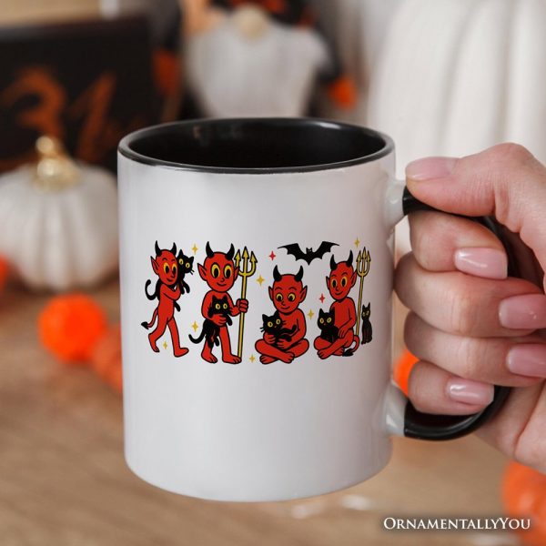 Cute Red Devils and Cats Personalized Mug, Vintage Halloween Gift with Custom Name Cute Red Devils and Cats Personalized Mug, Vintage Halloween Gift with Custom Name