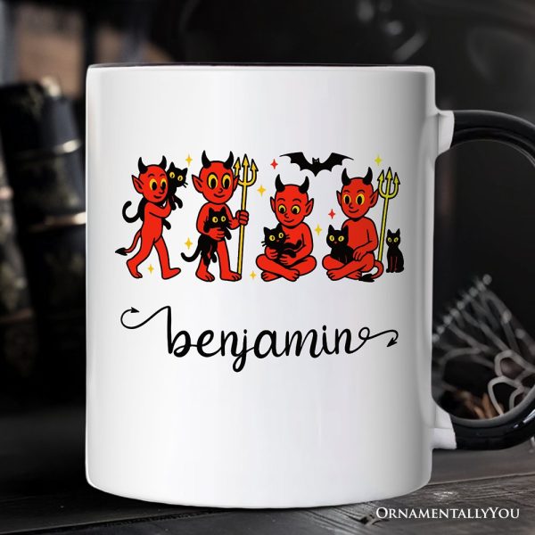 Cute Red Devils and Cats Personalized Mug, Vintage Halloween Gift with Custom Name Cute Red Devils and Cats Personalized Mug, Vintage Halloween Gift with Custom Name