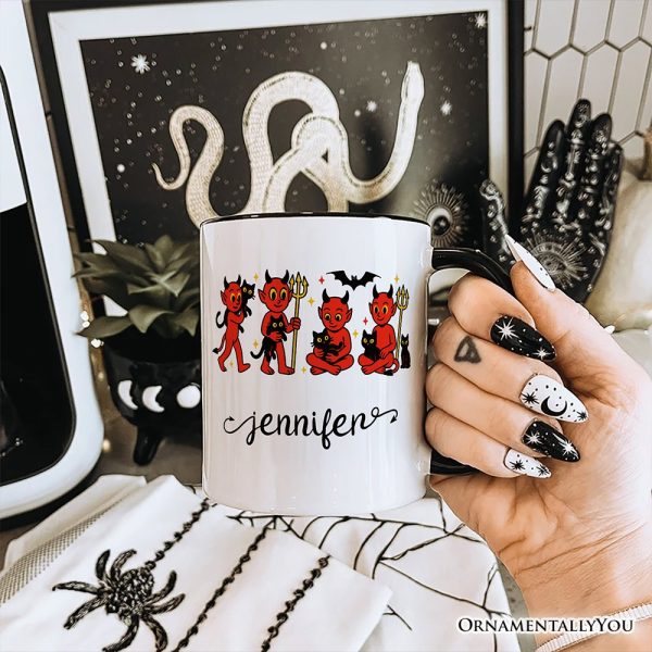 Cute Red Devils and Cats Personalized Mug, Vintage Halloween Gift with Custom Name Cute Red Devils and Cats Personalized Mug, Vintage Halloween Gift with Custom Name