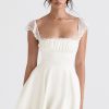 Cute Scalloped Cap Sleeve Square Neck Fitted Flare Mini Summer Sundress - White Cute Scalloped Cap Sleeve Square Neck Fitted Flare Mini Summer Sundress - White