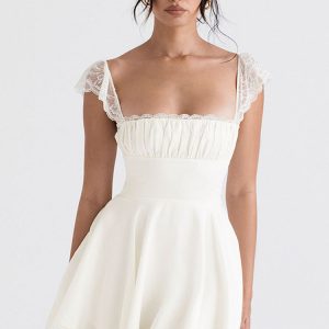 Cute Scalloped Cap Sleeve Square Neck Fitted Flare Mini Summer Sundress - White