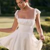 Cute Scalloped Cap Sleeve Square Neck Fitted Flare Mini Summer Sundress - White Cute Scalloped Cap Sleeve Square Neck Fitted Flare Mini Summer Sundress - White