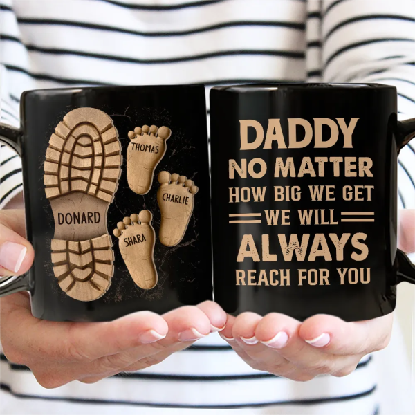 Dad And Kids Footsteps No Matter How Big We Get - Personalized Black Mug Dad And Kids Footsteps No Matter How Big We Get - Personalized Black Mug