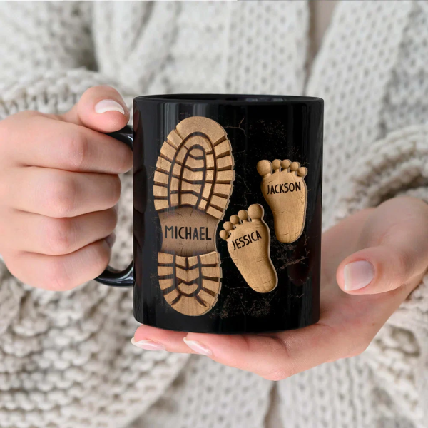 Dad And Kids Footsteps No Matter How Big We Get - Personalized Black Mug Dad And Kids Footsteps No Matter How Big We Get - Personalized Black Mug