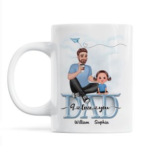Dad We Love You Cartoon Dad & Doll Kids Sitting On Word Personalized Mug